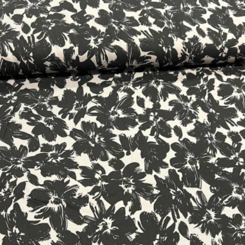 Viskose Webware floral - schwarze Blüten auf grauem Untergrund