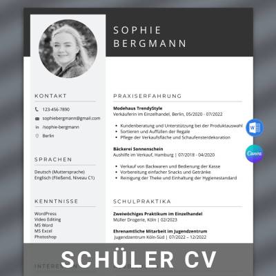 Bewerbung Schüler Vorlage, Schülerpraktikum online, Nebenjob Lebenslauf - Word, Canva