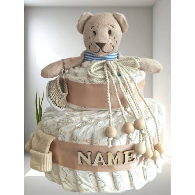 Windeltorte Boho Stil neutral personalisiert Mädchen & Jungen – hellbraun mit Bärchen & Sc