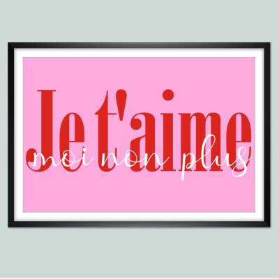Je T'aime Poster – Minimalistische Typografie Kunst in Pink Rot | Moderne Wanddeko Liebe & Musik