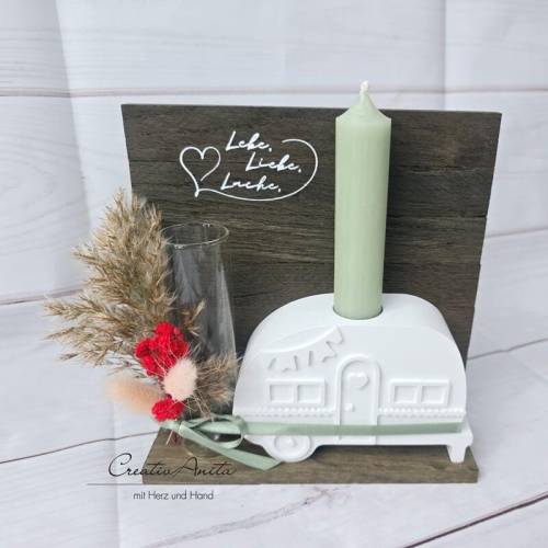 Geschenkset Camper mit Reagenzglas - Geldgeschenk, dekoriert mit Trockenblumen, salbei