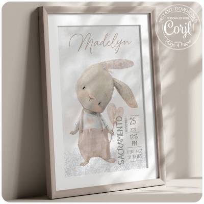 Geburtsanzeige Poster mit Hase BEIGE (Druck & editierbar)  Geschenk zur Geburt