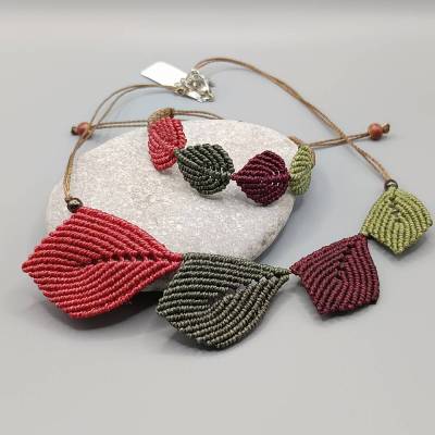 Makramee Schmuckset bestehend aus Kette und Armband Motiv Blätter