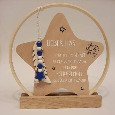 personalisierter Stern als Geschenk zur Geburt oder Taufgeschenk | Taufdeko mit Schutzengel | Holzstern + Taufspruch