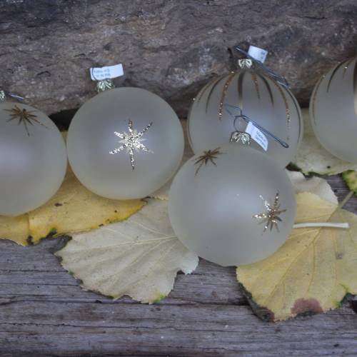 5 tlg. Set satinierte Christbaumkugeln Ø 7 cm goldenes Dekor Christbaumschmuck Lauscha Glas Vintage 90er Jahre