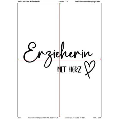 Schriftzug Erzieherin mit Herz 18cm, Stickdatei, Sofortdownload, Embroidery Design