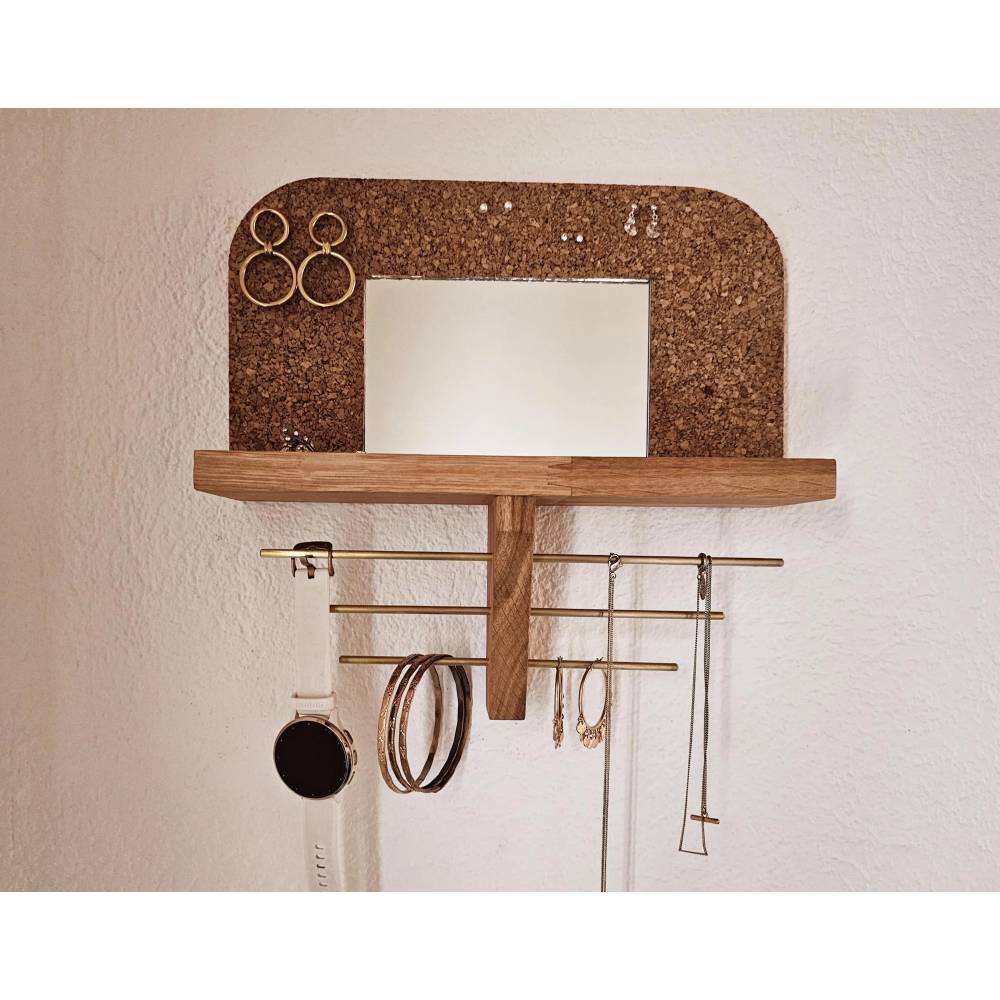 Schmuck-Organizer, Schmuckständer, Wand-Schmuckhalter, Schmuckhalter, Ohrringe, Ketten, Display, Holz, Eiche, Spiegel