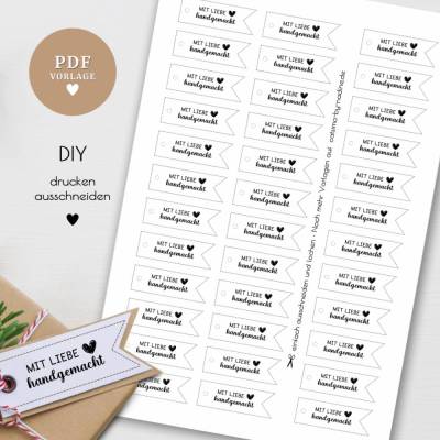 Druckvorlage Geschenkanhänger „Mit Liebe handgemacht“ – PDF A4