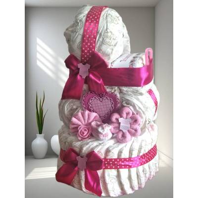 Windeltorte Mädchen pink mit Kinderwagen XL – Personalisierbar & hochwertig