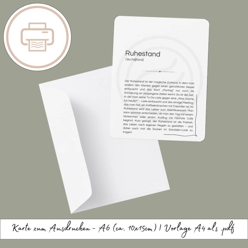 Lustige Karte Definition "Ruhestand" Last Minute Geschenk zum Ausdrucken Bild 1