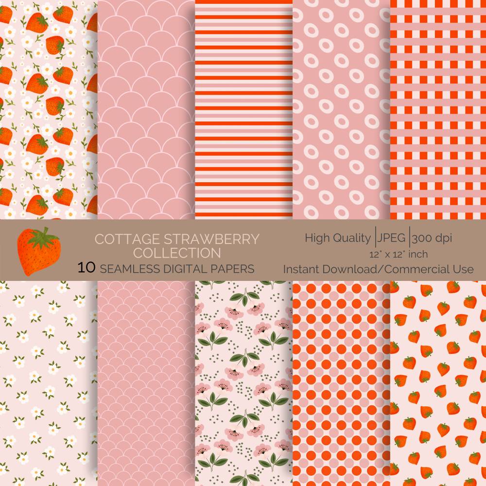 Cozy Cottage Strawberrys: 10 hand drawn Seamless Patterns for Scrapbooking and Sublimation, Paper Crafts Bild 1