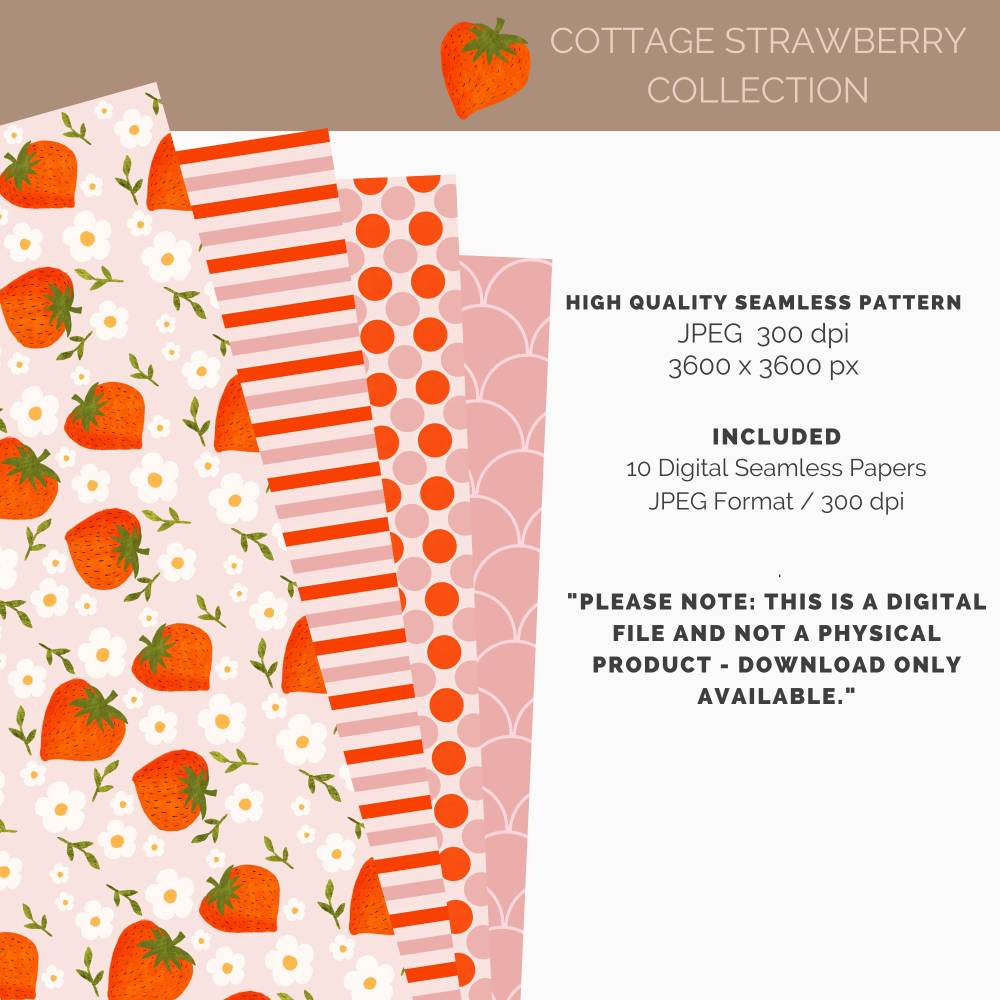 Cozy Cottage Strawberrys: 10 hand drawn Seamless Patterns for Scrapbooking and Sublimation, Paper Crafts Bild 2