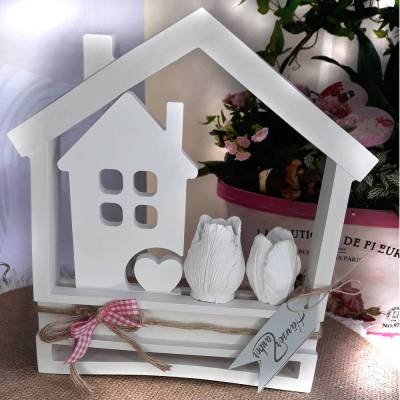 Lichthäuser 4-teilig im Geschenk Set mit Rosen | weiße Raysin Deko Häuser | Shabby | Geschenkidee | Scandi style