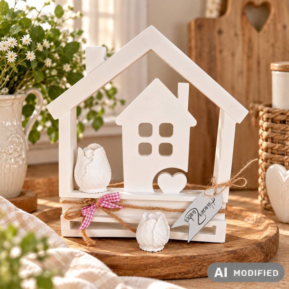 Handgefertigte Keramik-Dekoration im Hausrahmen – Lichthaus, Herz & Blumenknospen