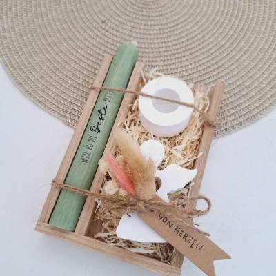 Muttertag Muttertagsgeschenk Engel mit Herz Kerzenhalter rund Kerzenset für Mama Geschenkset Stabkerze Kerzenbox Holzbox