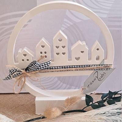 Häuserring Häuserloop Häuserkranz mit Ständer | Lichthaus Deko | Geschenke Einzug Richtfest | weiße Raysin Dekoration