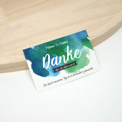100 kleine Hochzeit Dankeskarte 01 | Blau grüner Aquarell Hintergrund | Personalisiert mit Namen