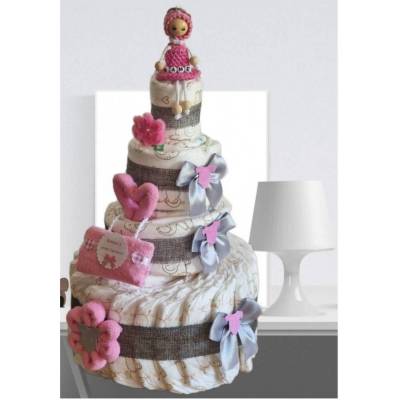 Personalisierte Windeltorte für Mädchen – Rosa, Mini-Täschchen & Herz-Schlüsselanhänger mit Namen