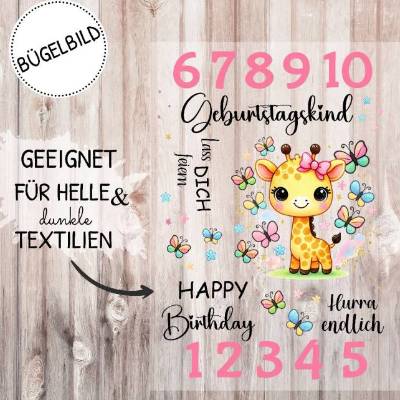 Bügelbild Giraffe Geburtstag Kinder Applikation Textilaufbügler DIY für Textilien XL