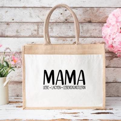 Jutetasche für Mama – Geschenkidee zum Muttertag mit Spruch: Liebe, Lachen, Lebenskünstlerin