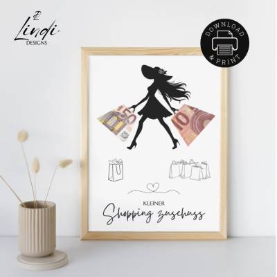 Geldgeschenk Shopping Frau A4 | Digitaler Druck | zum selbst Ausdrucken | PDF