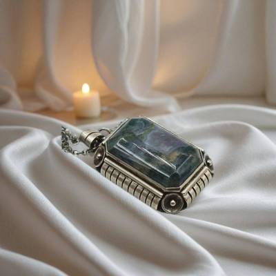 830 Silber Art Deco Anhänger mit Moosachat & 925 Silber Kette – Handarbeit um 1930
