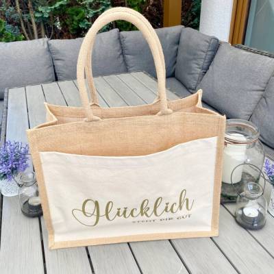 Jute-Einkaufstasche mit Baumwollfach und goldener Prägung – stabil & geräumig