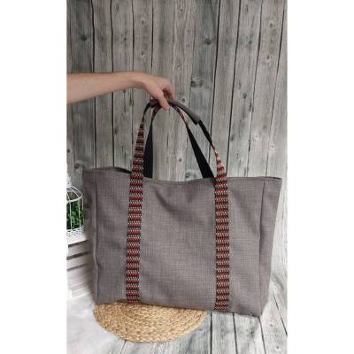 Einkaufstasche "Shopper XL" (Farbbeispiel aluminium) aus Polstercanvas mit farbigen Gurtband, Ethno Gurtband