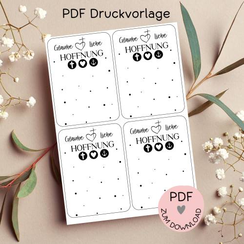 Karten "Glaube, Liebe, Hoffnung", Digitale Datei, PDF-Druckvorlage, drucken u. ausschneiden, z.B. für kl. Geschenke
