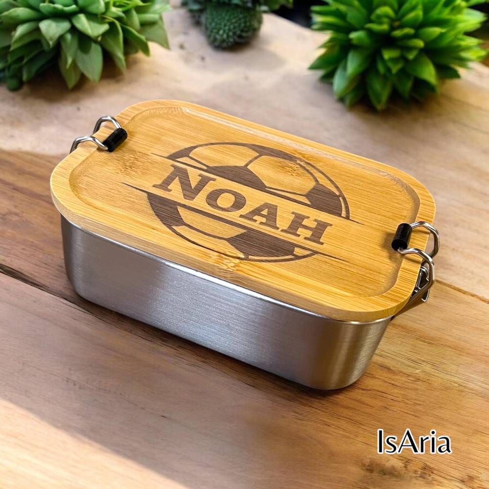 Edelstahl Lunchbox Fuball mit Bambus Deckel/Personalisiert/Geschenk  Einschulung/ Brotdose mit Namen/Schulanfang/Kinderg