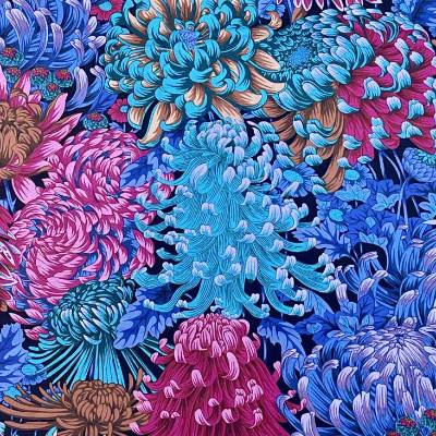 Stoff Kaffe Fassett Collective "Hokusais Mums" by Philip Jacobs in petrol, violett und braun