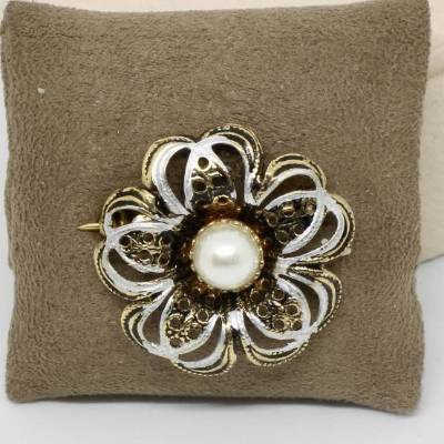 Toledo Brosche Blume Gold Silberfarbe schwarz Glasur Kunstperle Vintage 50er Jahre Muttertag