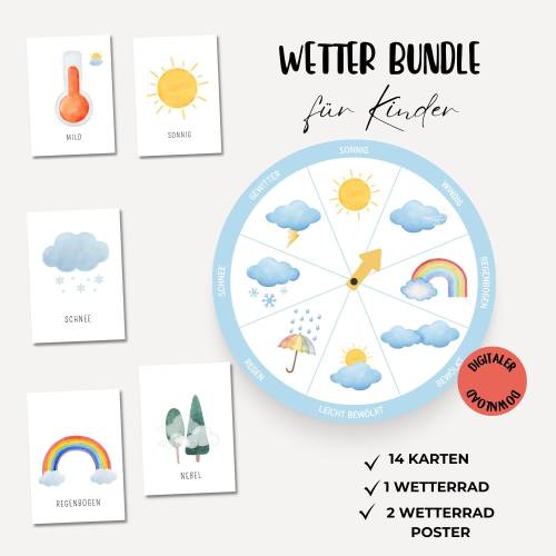 Wetteruhr basteln Kinder Wetterkarten Montessori Wetterrad Wetter Bundle für Kinderzimmer zum Ausdrucken Wetterposter  P
