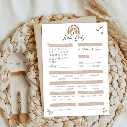Babyparty Ratespiel, Ausfüllkarten Wünsche-Karten für Babyparty, Boho Regenbogen stil, zum Ausdrucken