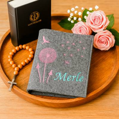 Gotteslobhülle aus Wollfilz mit Pusteblume & Name – personalisiertes Geschenk zur Kommunion, Konfirmation oder Taufe