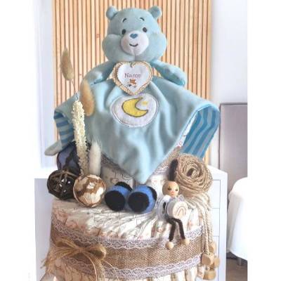 Windeltorte Blau für Jungen personalisiert – Schnullerpüppchen, Bärchen & Auto – Geschenk zur Geburt
