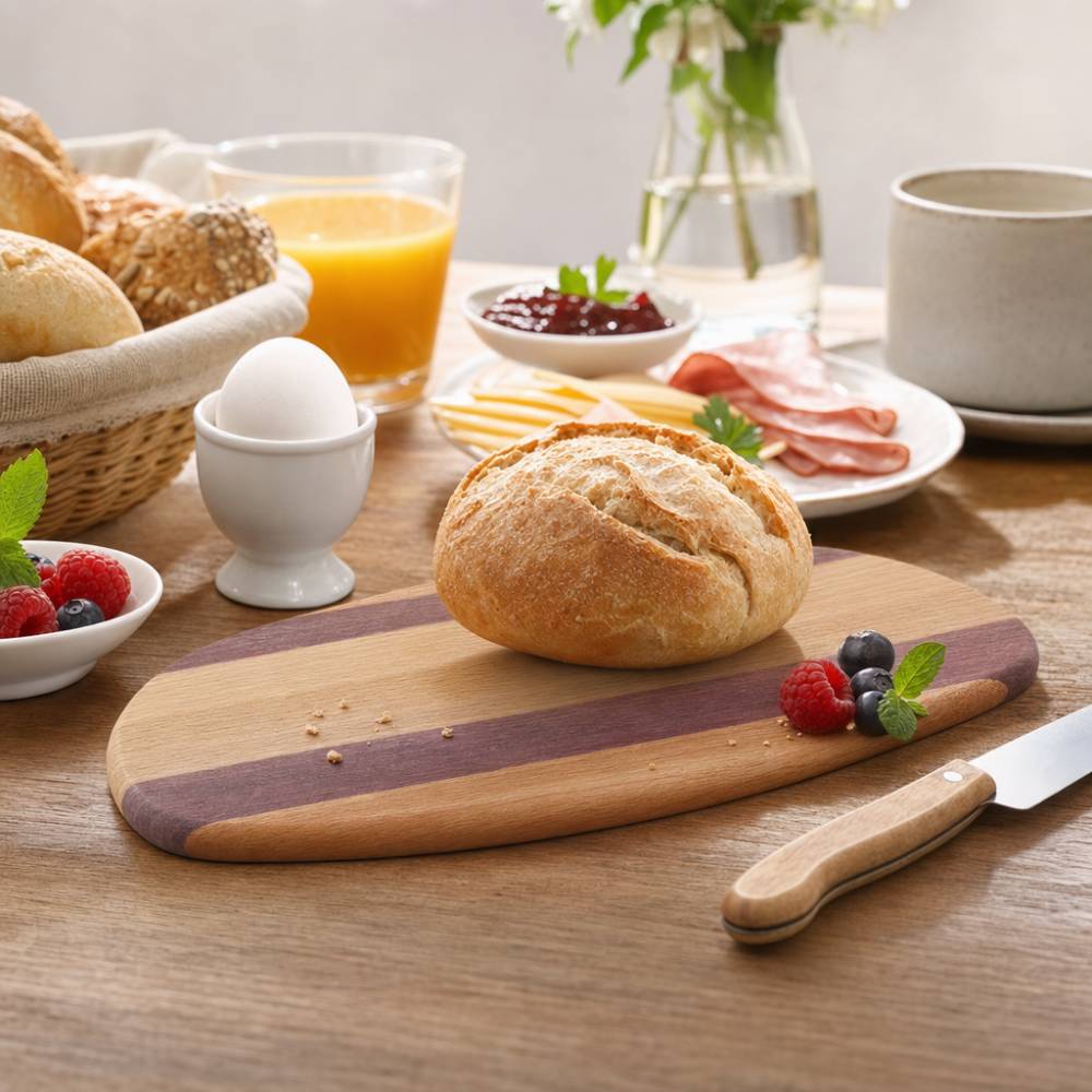 Ovales Frühstücksbrettchen aus Buche & Purple Wood – Massivholz Brotzeitbrett