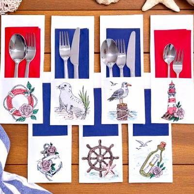 Stickdatei Set ITH – Maritimes Bestecktaschen Set ab 10x10 Rahmen | 7 maritime Motive im Scribble-Stil