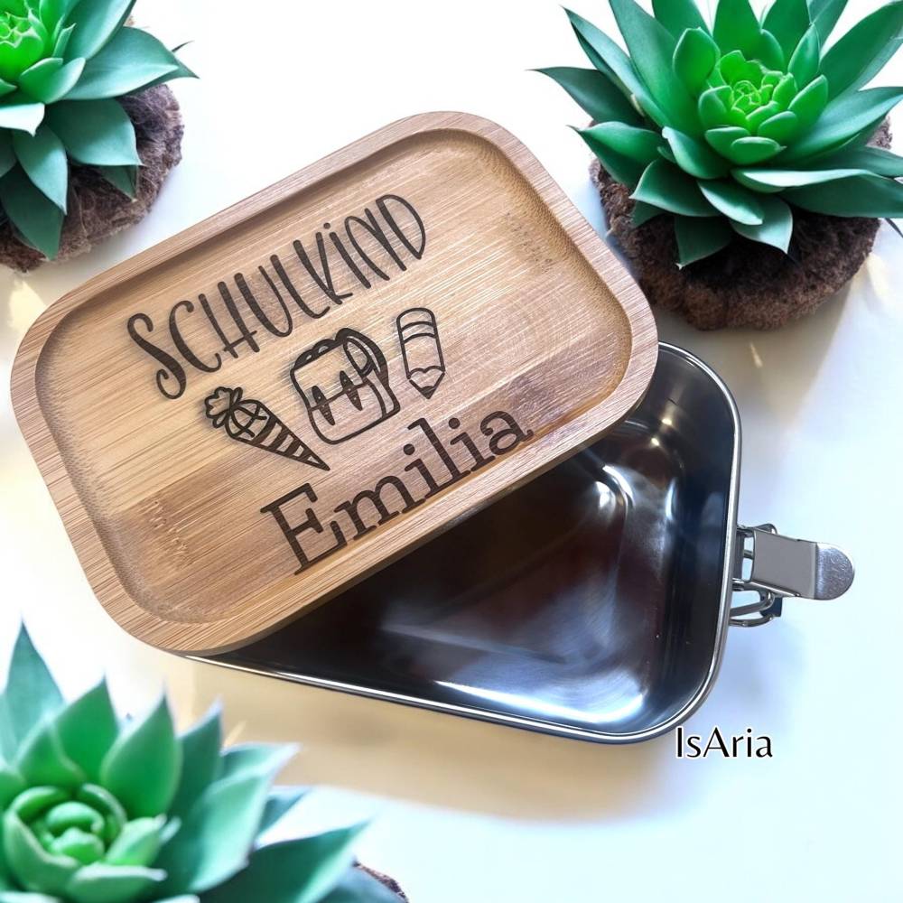 Edelstahl Lunchbox Schulkind mit Bambus Deckel/Personalisiert/Geschenk  Einschulung/ Brotdose mit Namen/Schulanfang