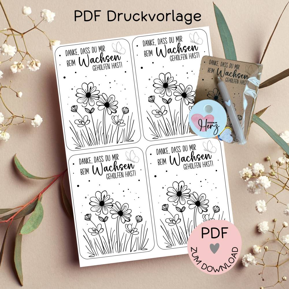 Digitale Datei, PDF-Druckvorlage Karten, Danke, dass du mir beim Wachsen geholfen hast, z.B. für Erzieherinnen, Kit Bild 1