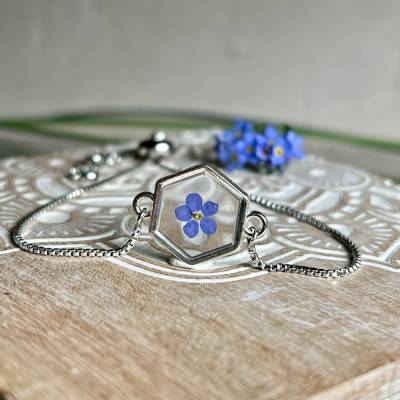 Vergissmeinnicht Armband mit echter Blume in Harz | Verstellbarer Edelstahlschmuck | Geschenk für Frauen