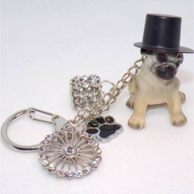 Vintage 3D Mops Figur mit Zylinder – Schlüsselanhänger & Taschenanhänger mit Funkelsteinchen