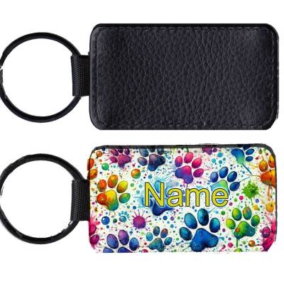 Kunstleder Schlüsselanhänger mit Name/ bunte Pfoten / personalisierbar