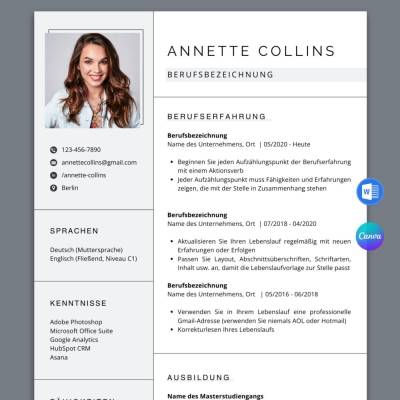 Bewerbung Modern Kreativ Word, Moderne Bewerbungsvorlage CV Canva Deutsch