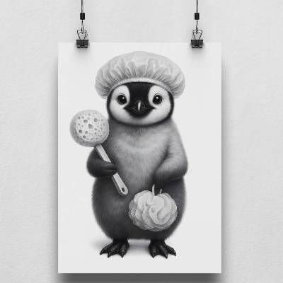 Süßes Pinguin Poster fürs Badezimmer – Lustige Wanddeko mit Duschhaube – Kinderzimmer oder Bad verschönern – DIN A3