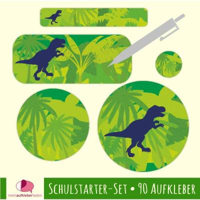 Schulstarter-Set | Urwald Dinos - T-Rex - grün - 90 teilig, Namensaufkleber - blanko zum Selbstbeschriften