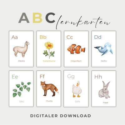 Alphabet Karten mit Tiere und Pflanzen,  Buchstaben lernen, Interesse an Buchstaben wecken, PDF Download zum Ausdrucken