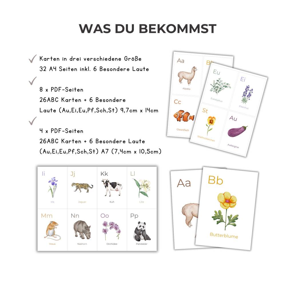 Alphabet Karten mit Tiere und Pflanzen, Buchstaben lernen, Interesse an