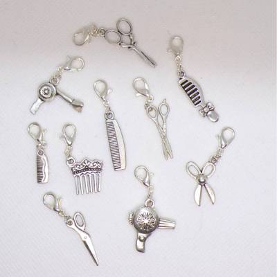 10 versilberte Friseur Anhänger mit Karabiner – Tibet Silber, Charm für Bettelarmband & Schmuck