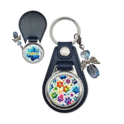 Metall Kunstleder Schlüsselanhänger mit Name und bunte Pfoten Motiv | abnehmbarer Schutzengel in 3 Farben zur A